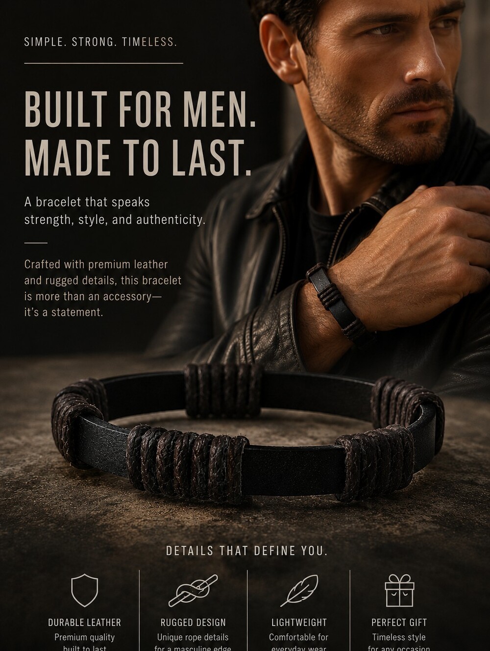Men's Brown Leather Wrapped Cord Bracelet